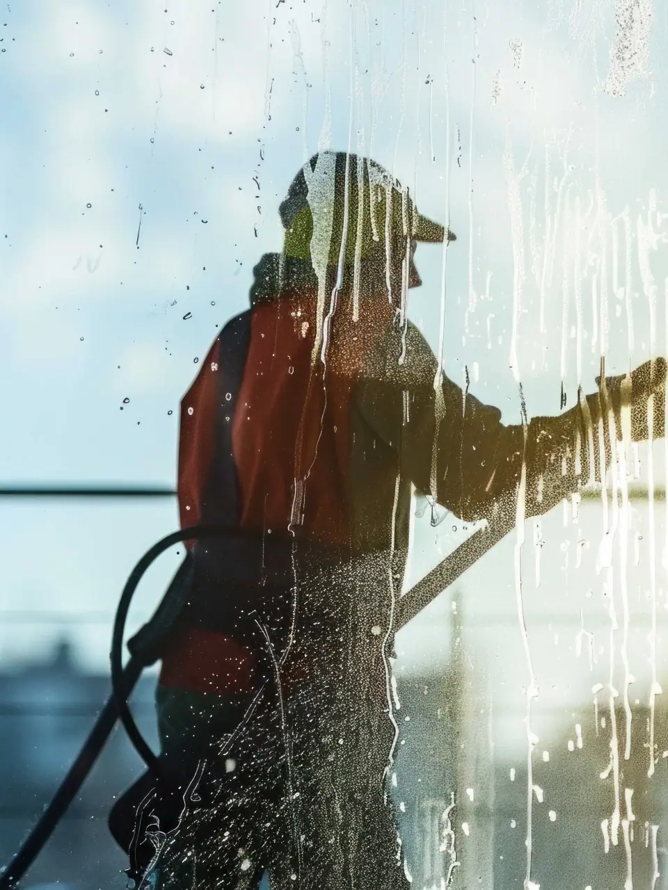 Glasreiniger bei der Arbeit an einer sonnenbeschienenen Fensterfront