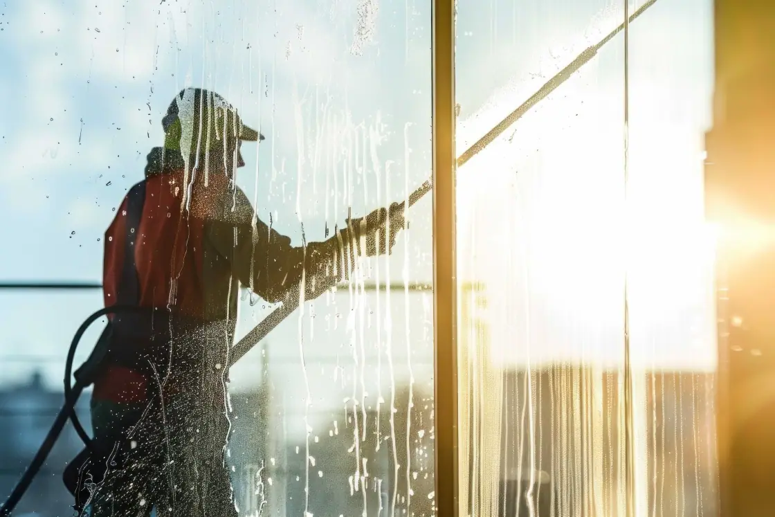 Glasreiniger zieht mit einem Abzieher eine sonnenbeschienene Glasfassade ab